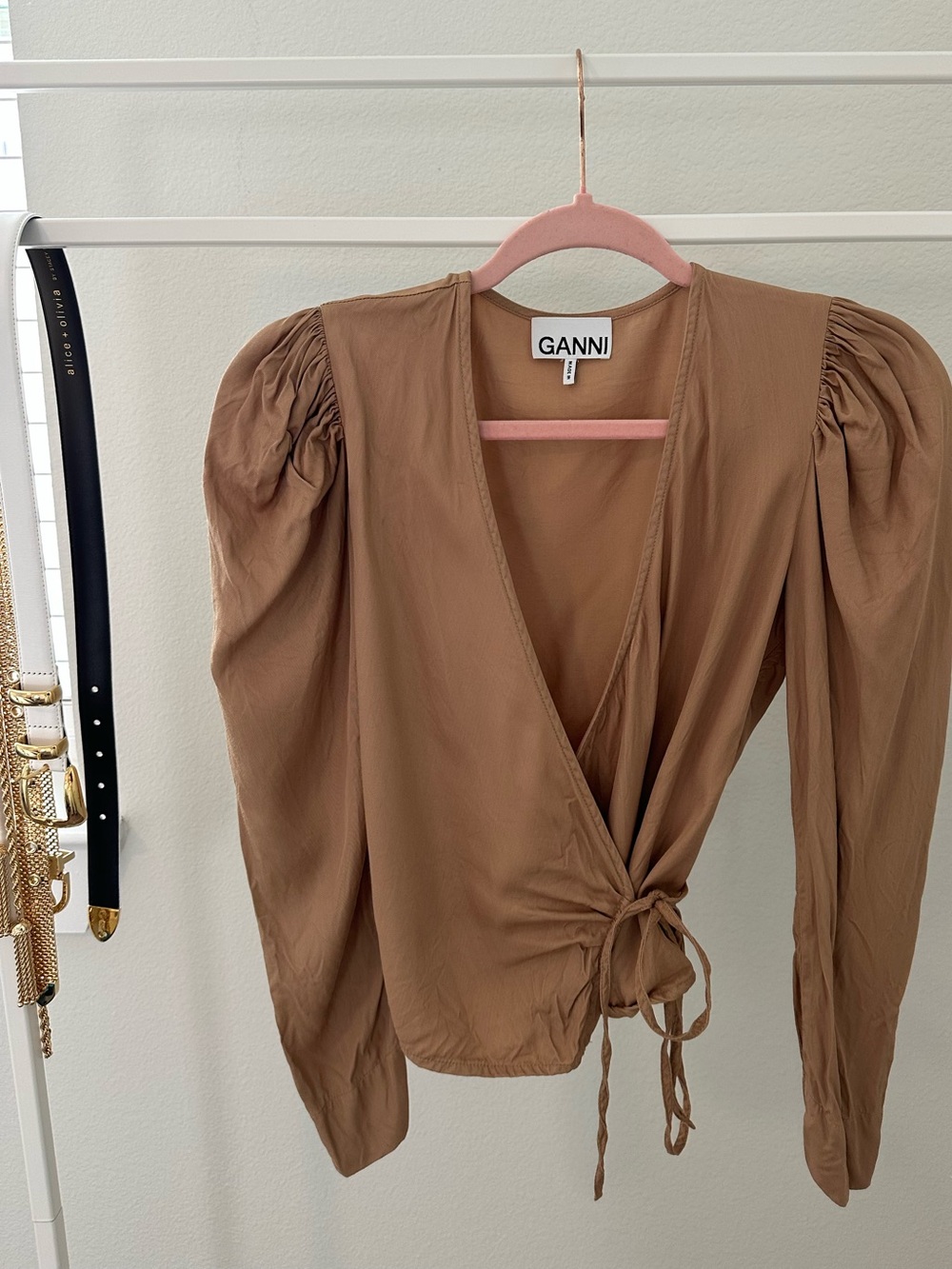 GANNI Brown Wrap Blouse with Puff Shoulders